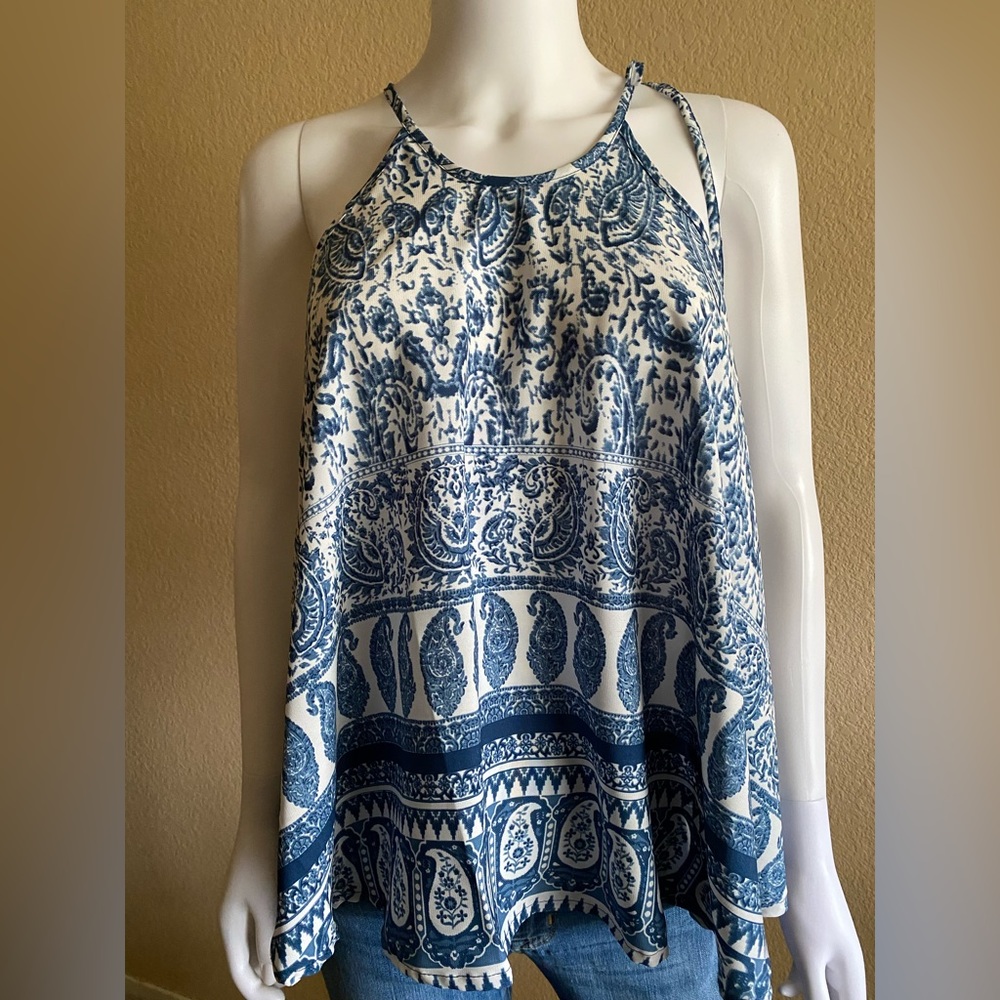 Women's Elan Sleeveless Adjustable Halter Tank Blue Paisley Size Small